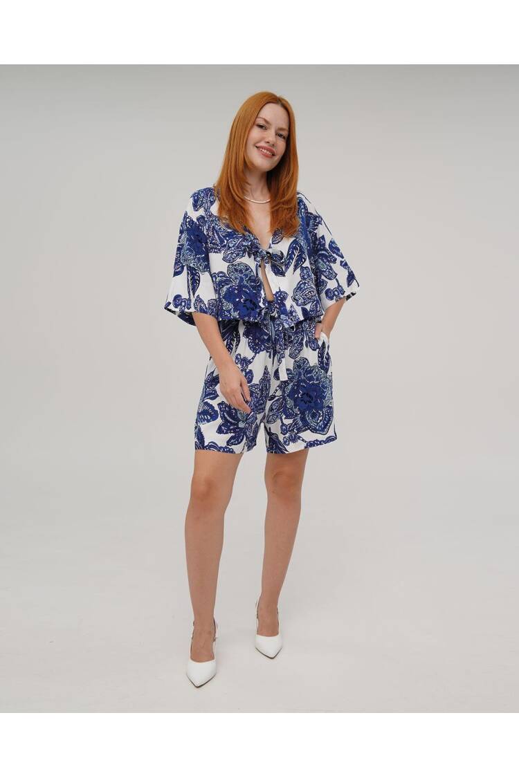 V Neck Front Tie Pattern Shorts Blouse Wholesale Blue Suit - Lustrin - Globality Store - Women Clothes Wholesale Turkey