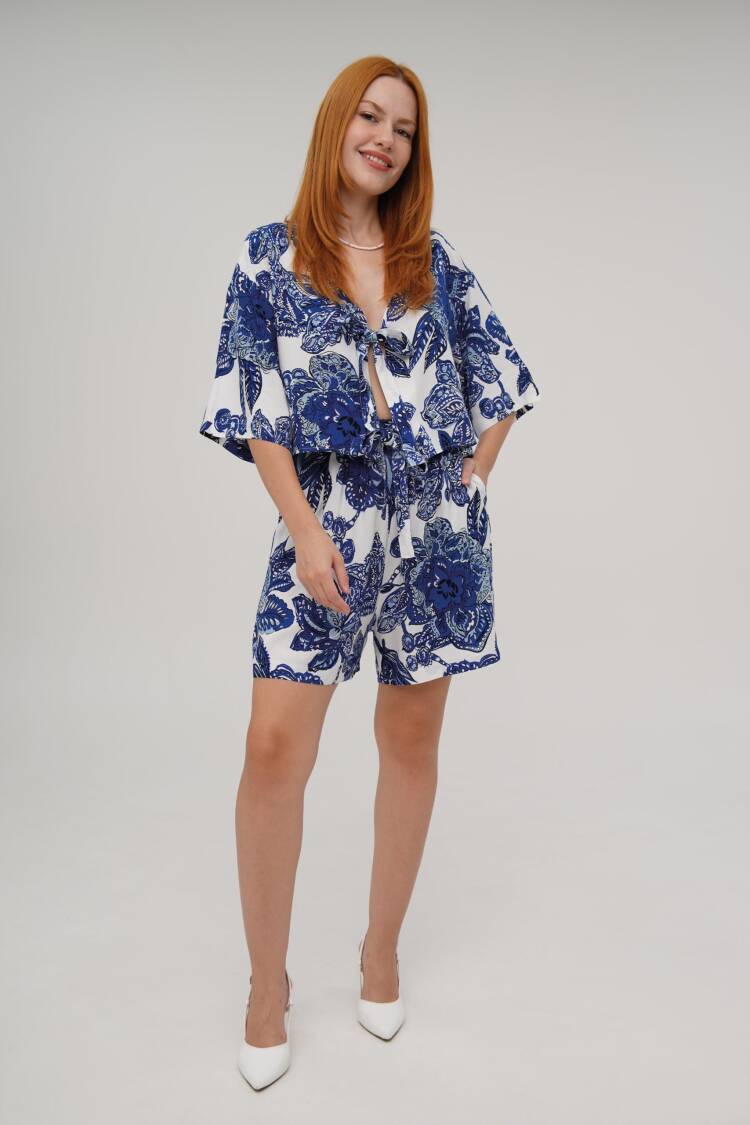 V Neck Front Tie Pattern Shorts Blouse Wholesale Blue Suit