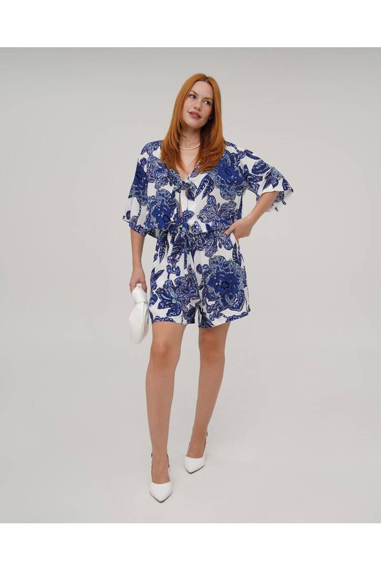 V Neck Front Tie Pattern Shorts Blouse Wholesale Blue Suit