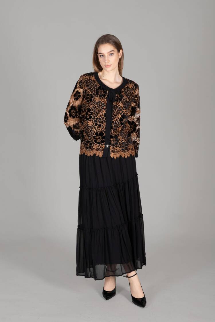 Round Neck Embroidered Velvet Jacket Chiffon Skirt - Multicolor - GUMANIZE - Globality Store - Women Clothes Wholesale Turkey