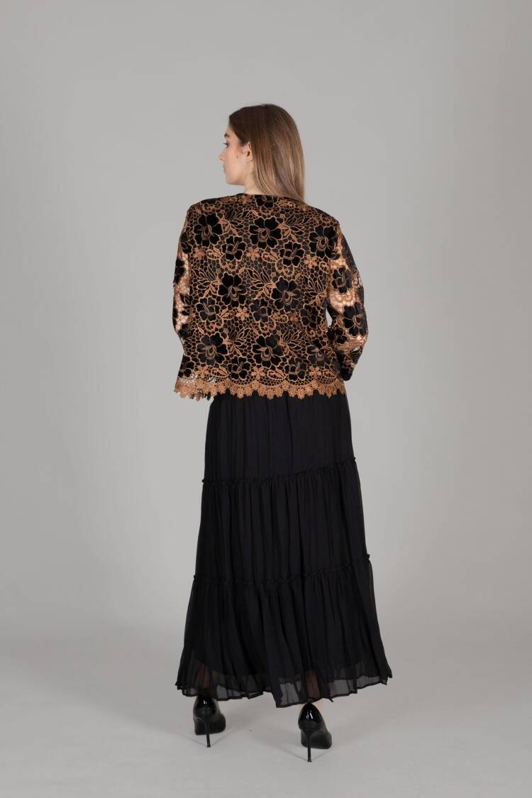 Round Neck Embroidered Velvet Jacket Chiffon Skirt - Multicolor