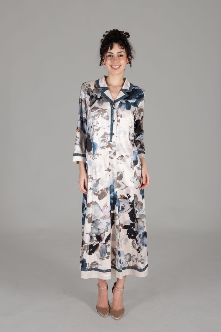 V Shirt Collar Satin Print Dress - Multicolor - GUMANIZE - Globality Store - Women Clothes Wholesale Turkey
