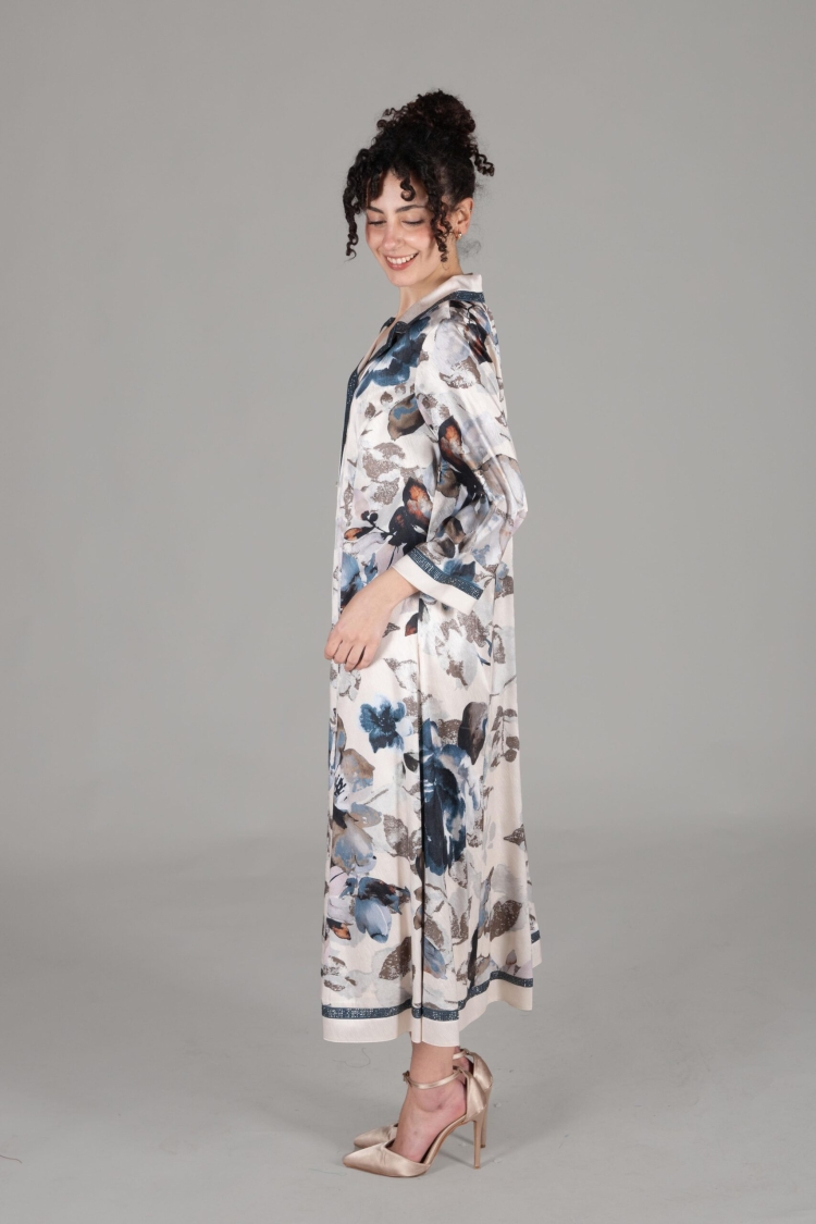 V Shirt Collar Satin Print Dress - Multicolor