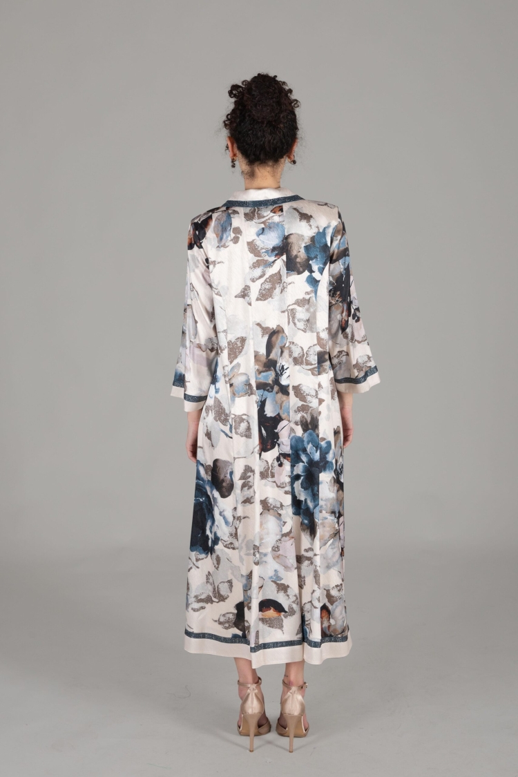 V Shirt Collar Satin Print Dress - Multicolor