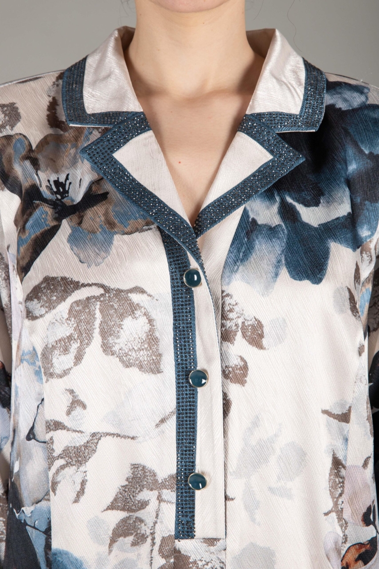 V Shirt Collar Satin Print Dress - Multicolor