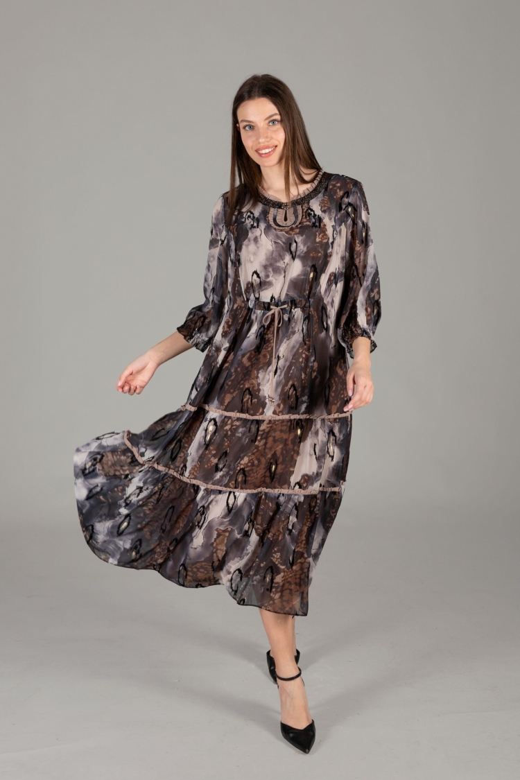 Round Neck Ruffle Burning Velvet Dress - Multicolor - GUMANIZE - Globality Store - Women Clothes Wholesale Turkey
