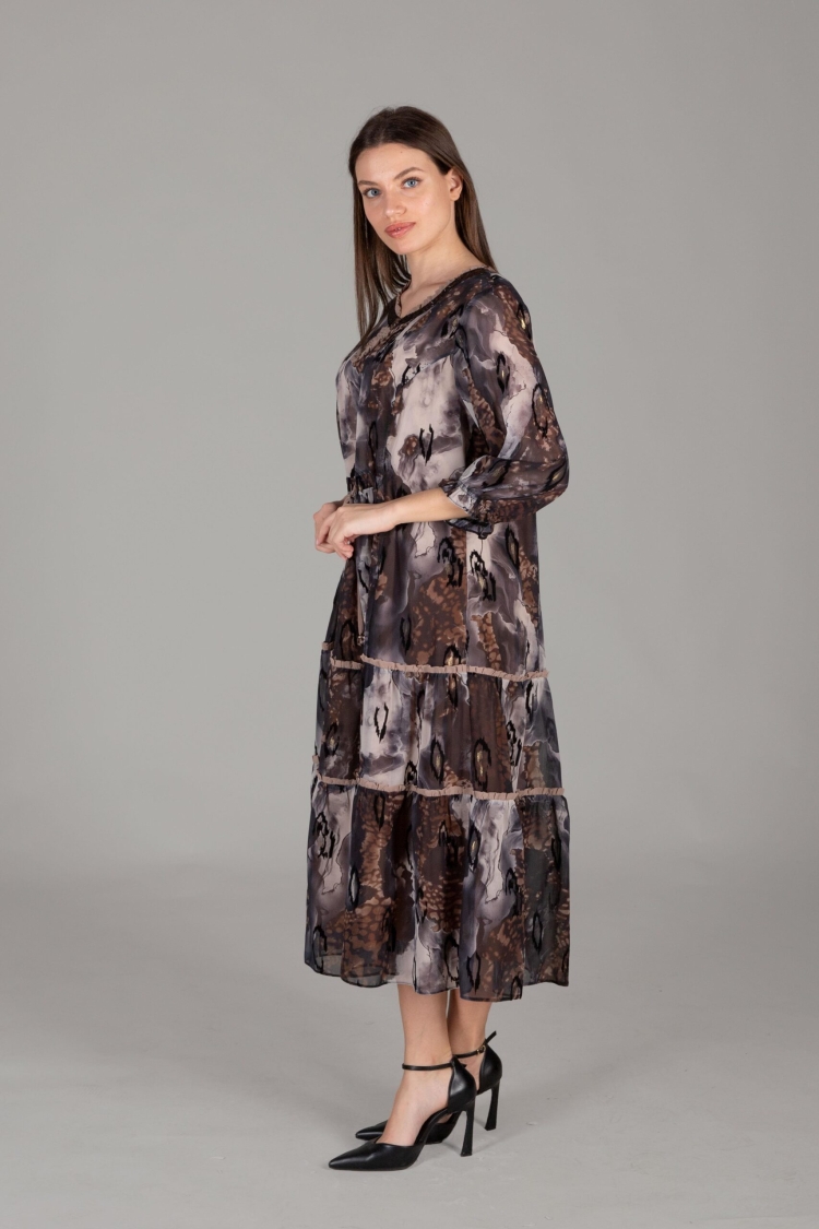 Round Neck Ruffle Burning Velvet Dress - Multicolor