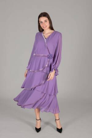 V Neck Multi Chiffon Dress - Dark - GUMANIZE - Globality Store - Women Clothes Wholesale Turkey