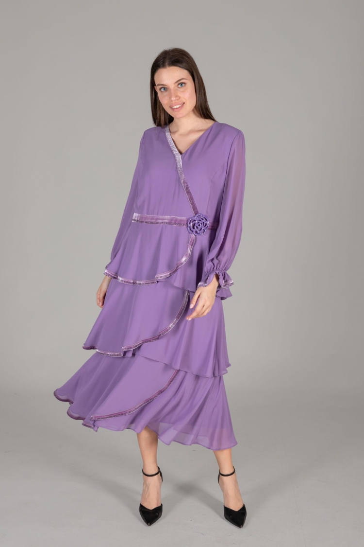 V Neck Multi Chiffon Dress - Dark - GUMANIZE - Globality Store - Women Clothes Wholesale Turkey