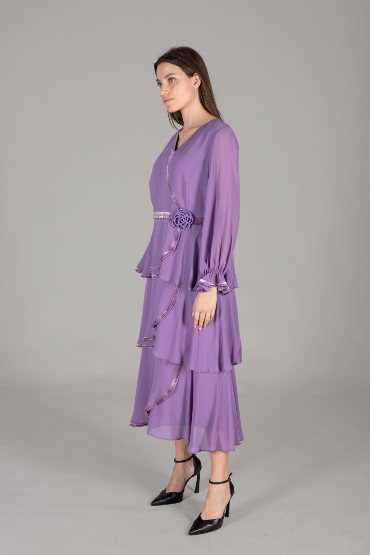 V Neck Multi Chiffon Dress - Dark