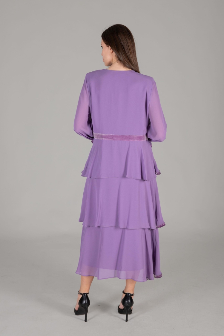 V Neck Multi Chiffon Dress - Dark
