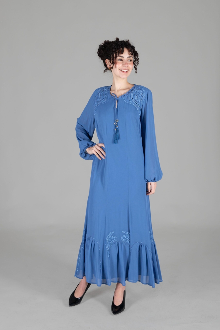 Round Neck Multi Chiffon Embroidered Dress - GUMANIZE - Globality Store - Women Clothes Wholesale Turkey