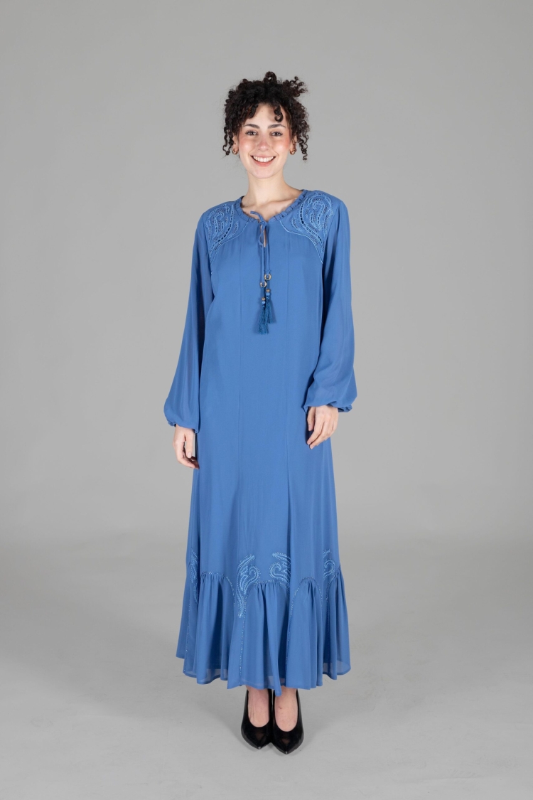 Round Neck Multi Chiffon Embroidered Dress