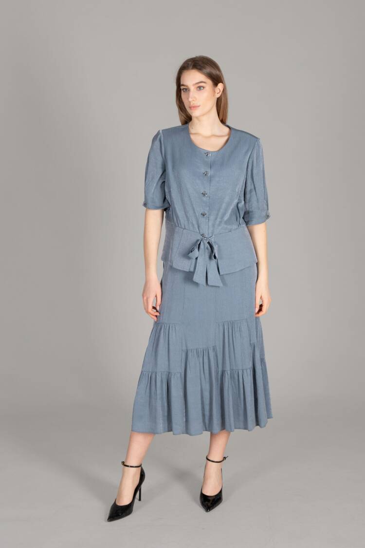 Round Neck Gown Skirt Set - Petrol - GUMANIZE - Globality Store - Women Clothes Wholesale Turkey