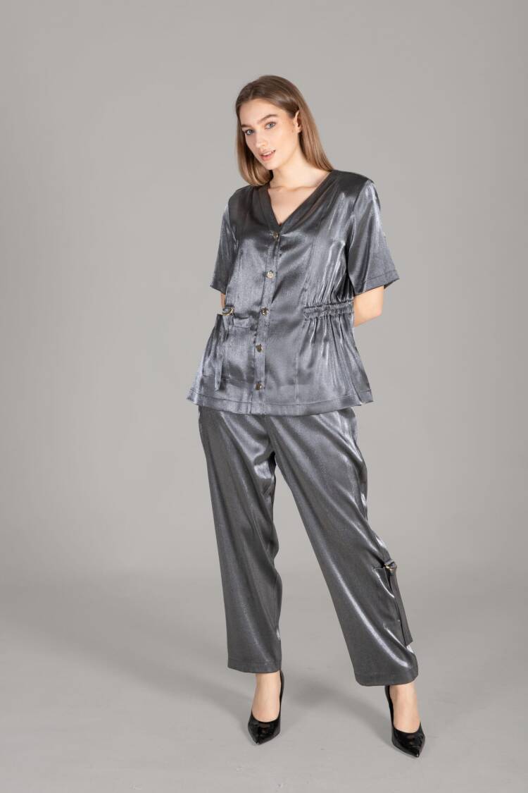 V Neck Jacket Trousers Suit - Silver - GUMANIZE - Globality Store - Women Clothes Wholesale Turkey