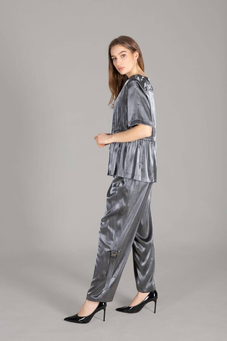 V Neck Jacket Trousers Suit - Silver
