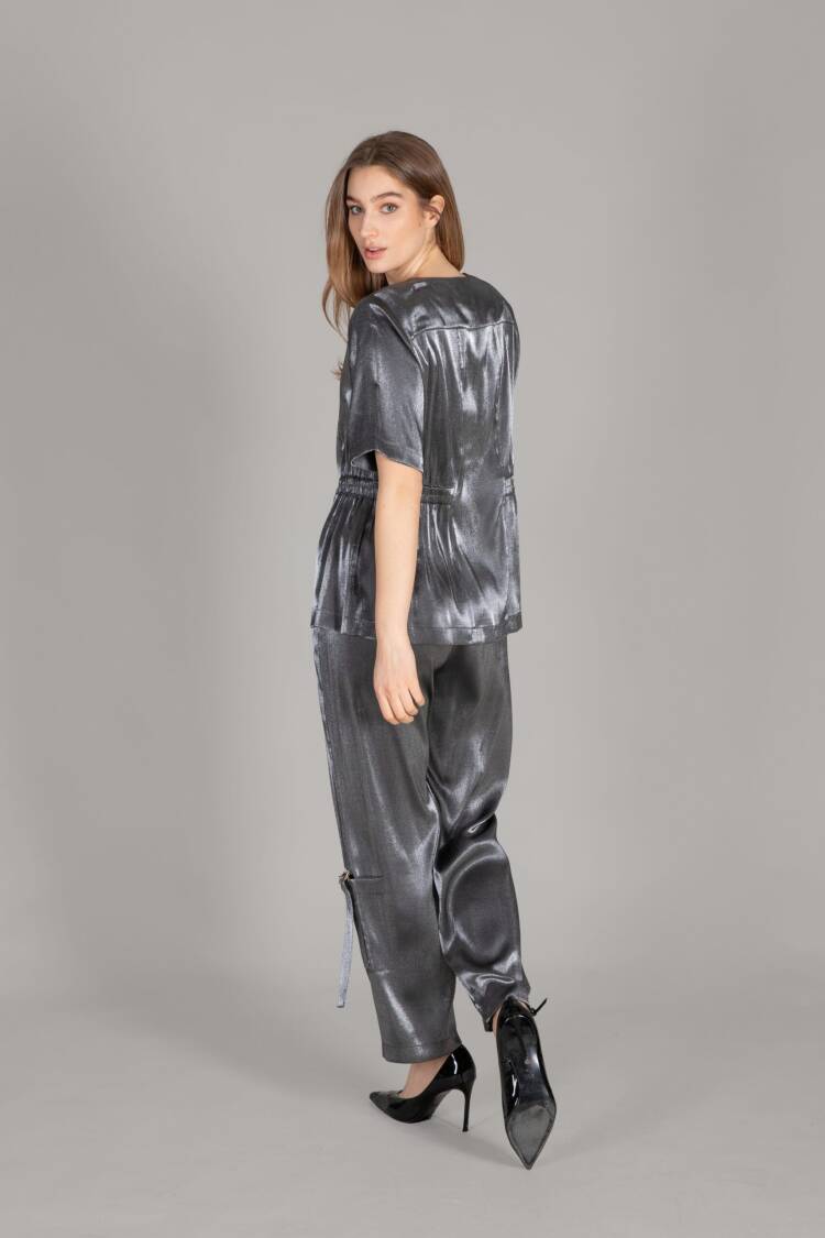 V Neck Jacket Trousers Suit - Silver