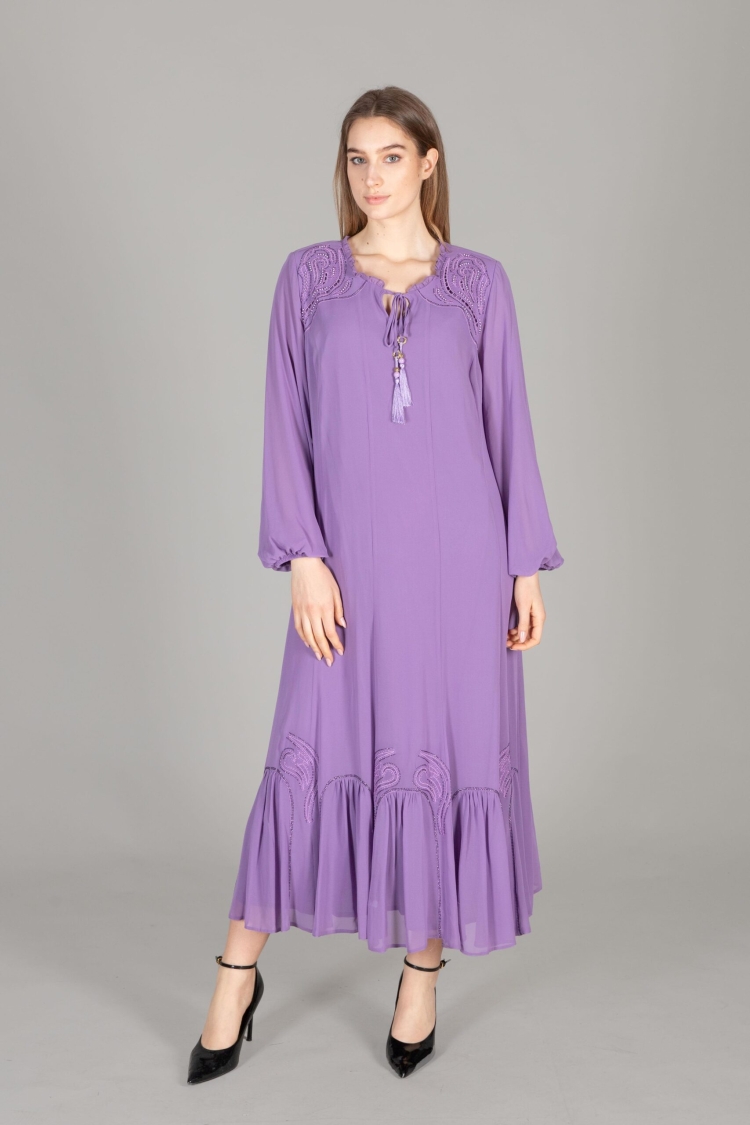 Round Neck Multi Chiffon Embroidered Dress - GUMANIZE - Globality Store - Women Clothes Wholesale Turkey
