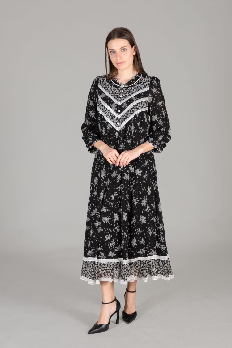 Ruffle Collar Print Dress - GUMANIZE - Globality Store - Women Clothes Wholesale Turkey