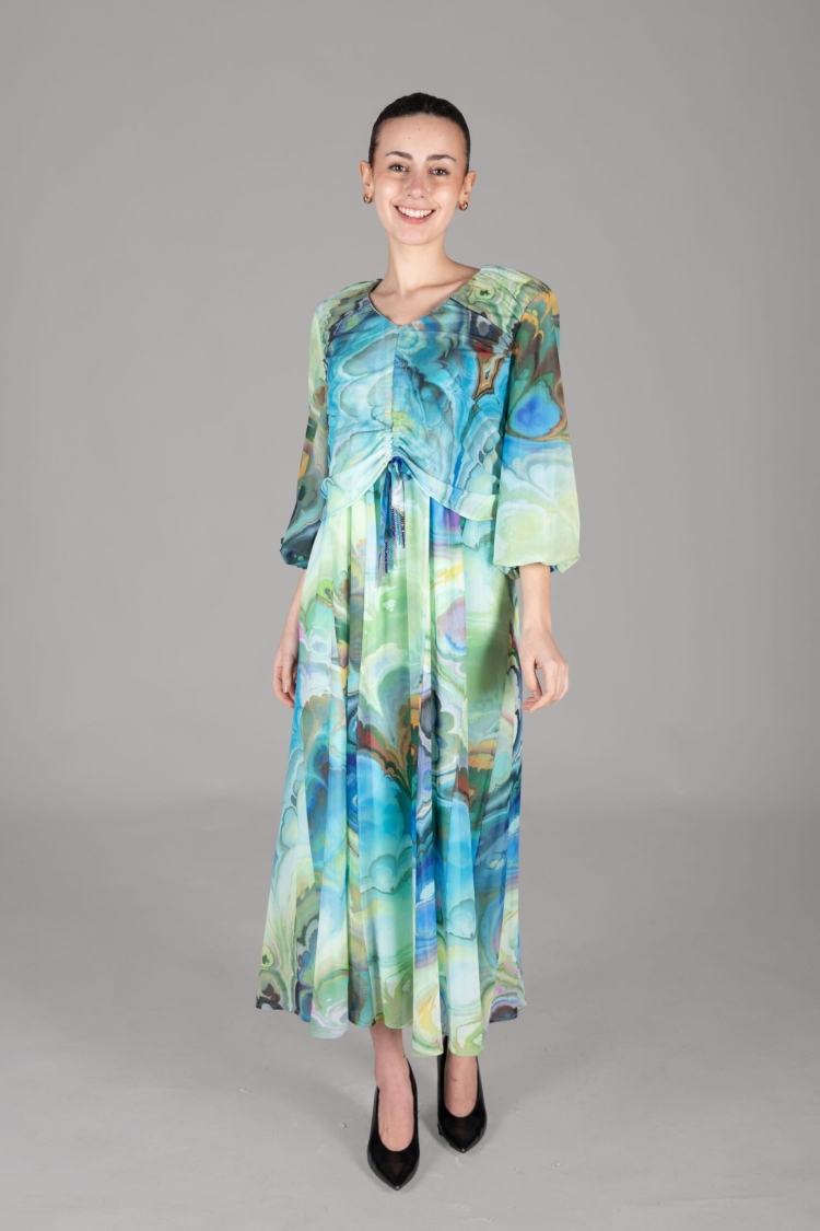V Neck Tulle Dress - Multicolor - GUMANIZE - Globality Store - Women Clothes Wholesale Turkey
