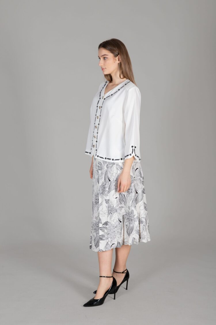 Top Plain Blouse Bottom Print Skirt - Multicolor