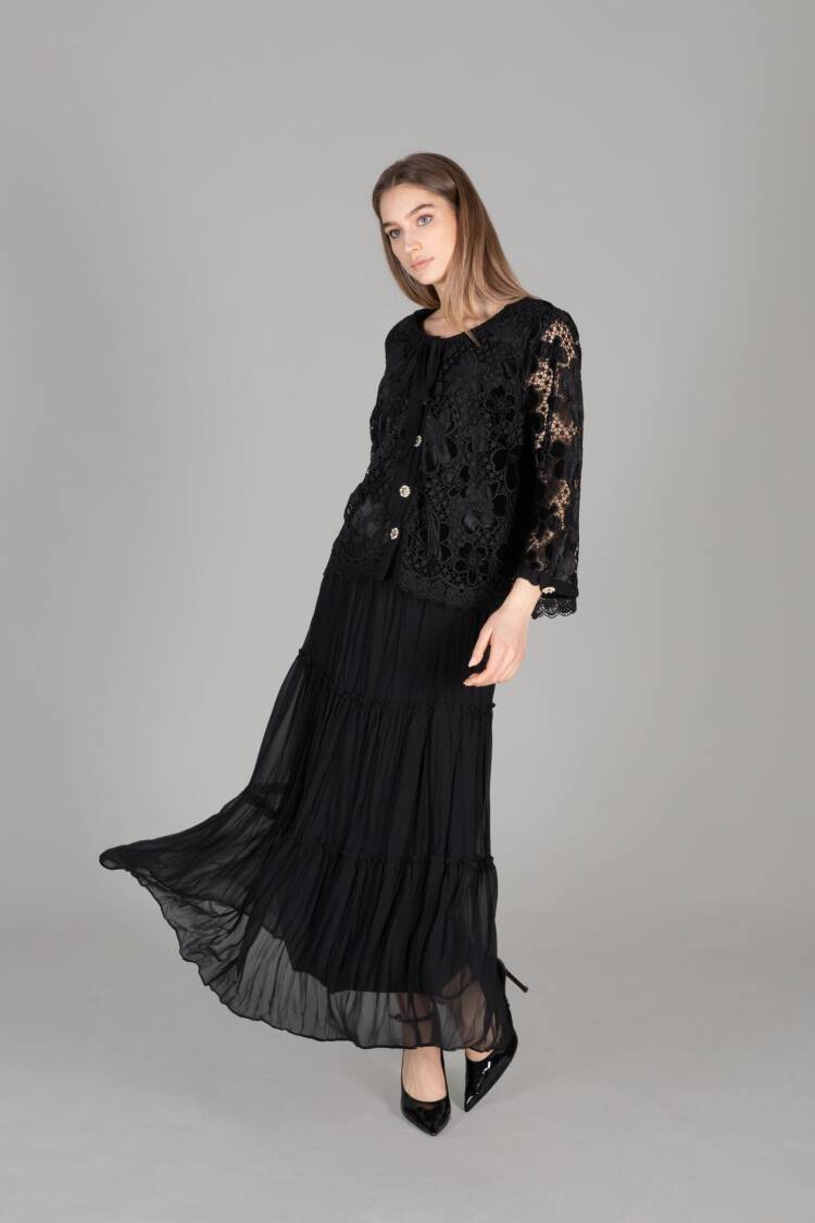 Round Neck Embroidered Velvet Jacket Chiffon Skirt - Black - GUMANIZE - Globality Store - Women Clothes Wholesale Turkey
