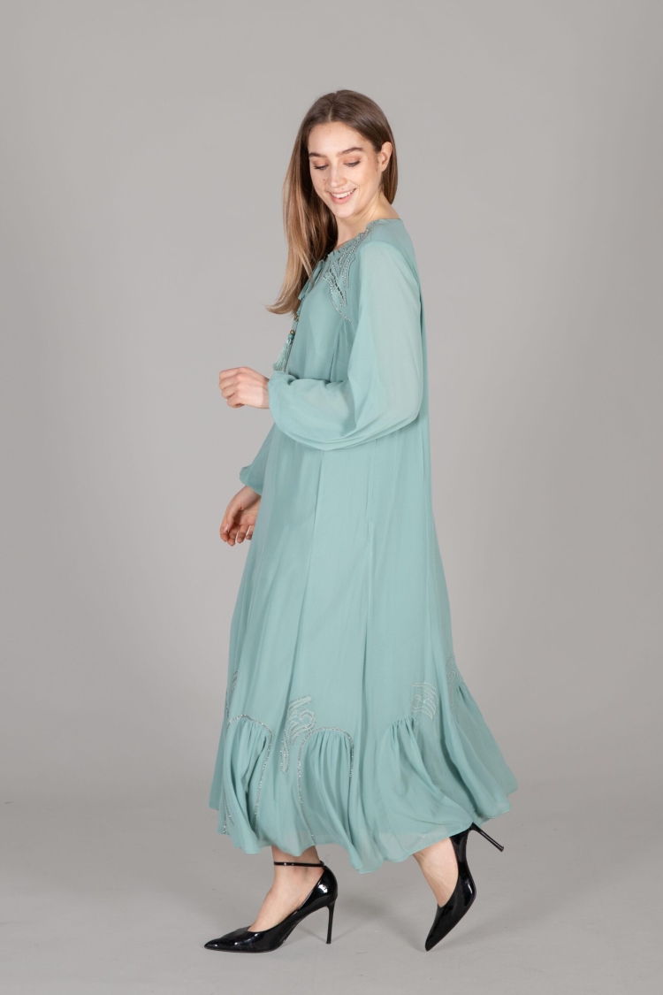Round Neck Multi Chiffon Embroidered Dress - Çağla - GUMANIZE - Globality Store - Women Clothes Wholesale Turkey