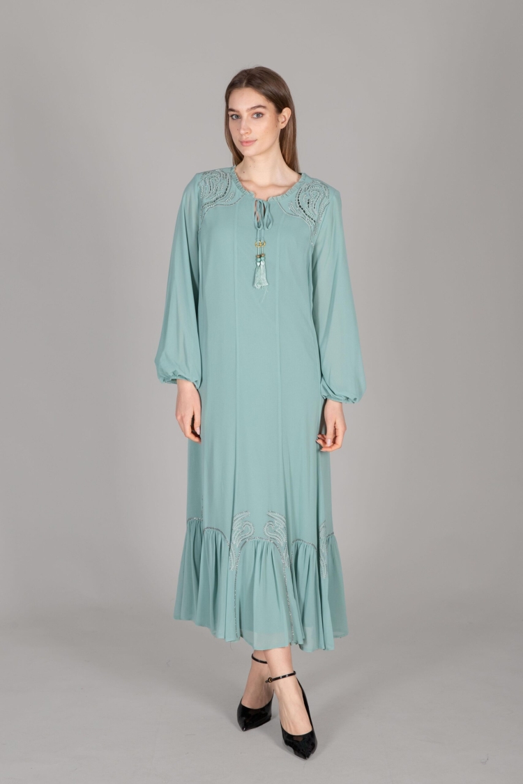 Round Neck Multi Chiffon Embroidered Dress - Çağla