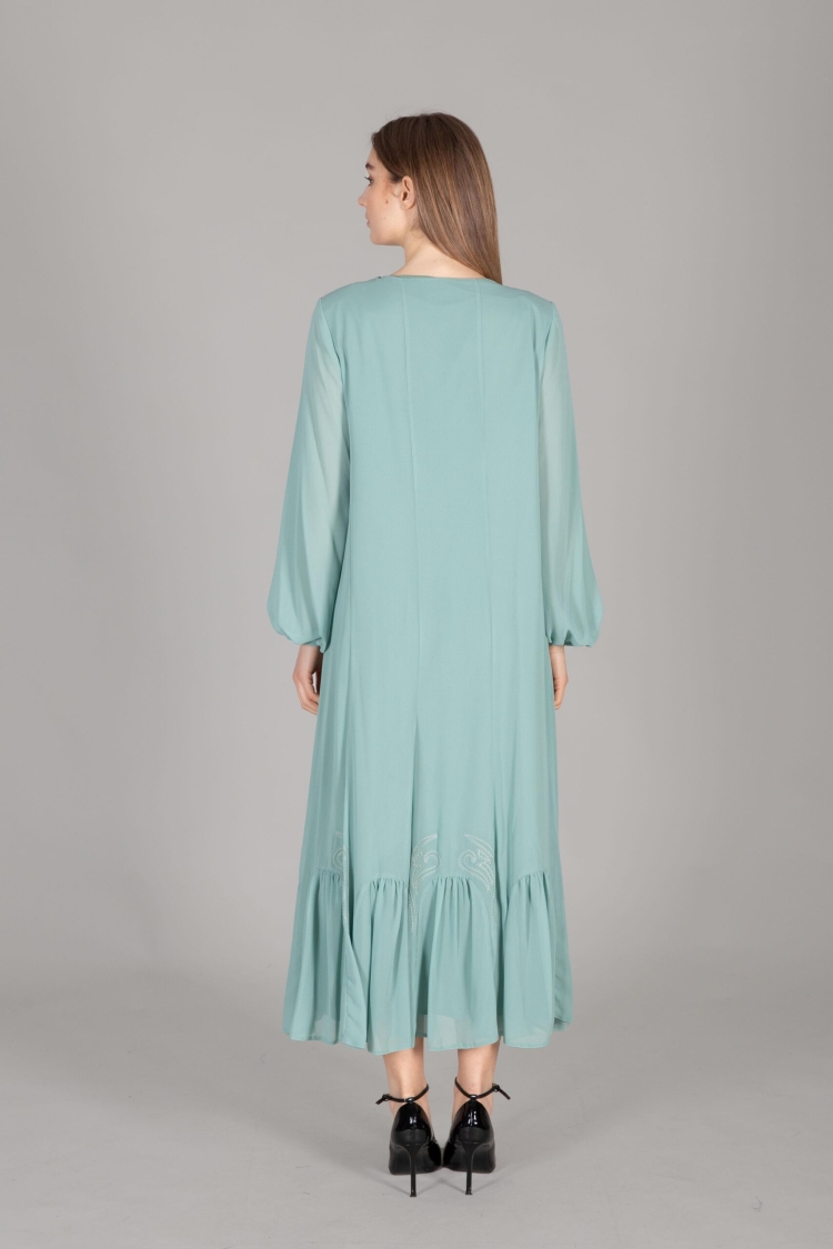 Round Neck Multi Chiffon Embroidered Dress - Çağla