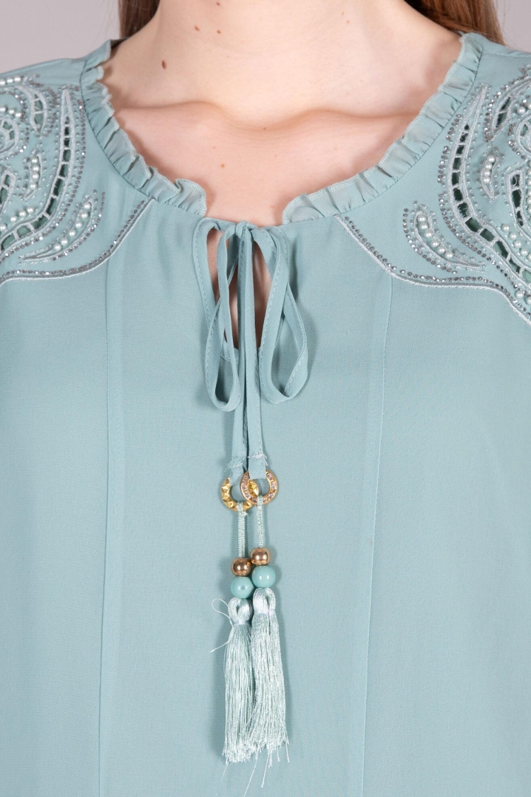 Round Neck Multi Chiffon Embroidered Dress - Çağla