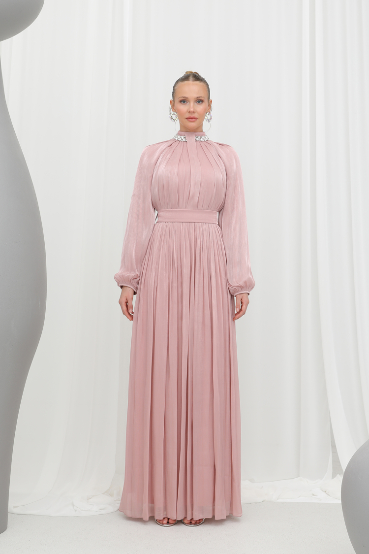 Stone Detailed Chiffon Evening Dress