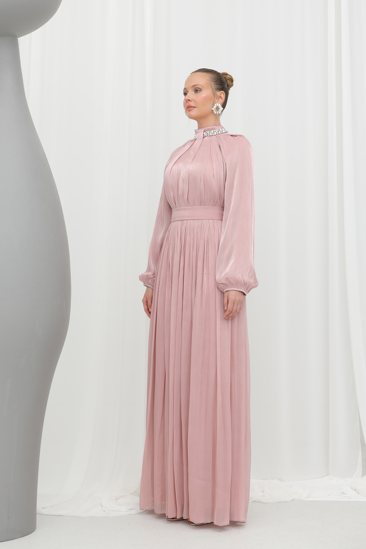 Stone Detailed Chiffon Evening Dress