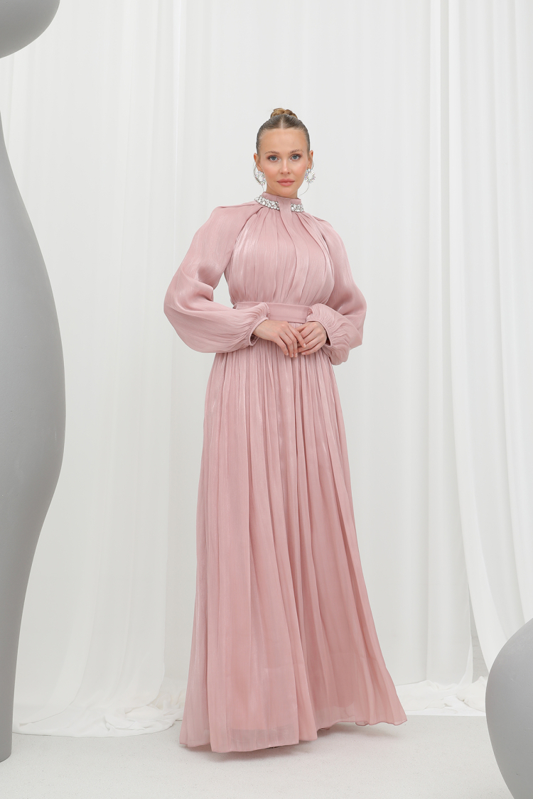 Stone Detailed Chiffon Evening Dress