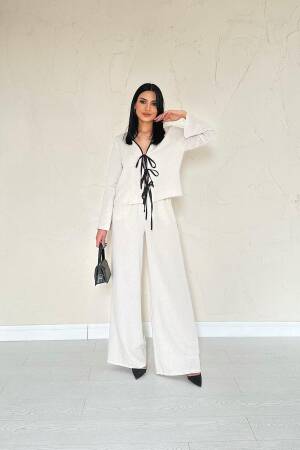Linen Set With Bow - Stone - Elisa - Globality Store - Women Clothes Wholesale Turkey