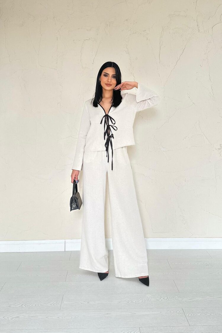 Linen Set With Bow - Stone - Elisa - Globality Store - Women Clothes Wholesale Turkey