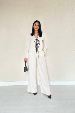 Linen Set With Bow - Stone - Elisa - Globality Store - Women Clothes Wholesale Turkey