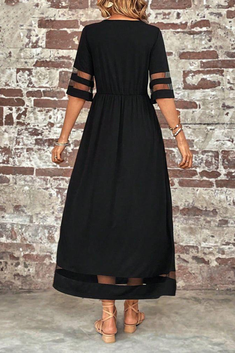 Women's Short Sleeve Crew Neck Tulle Detailed Janjan Crepe Maxi Dress - Black