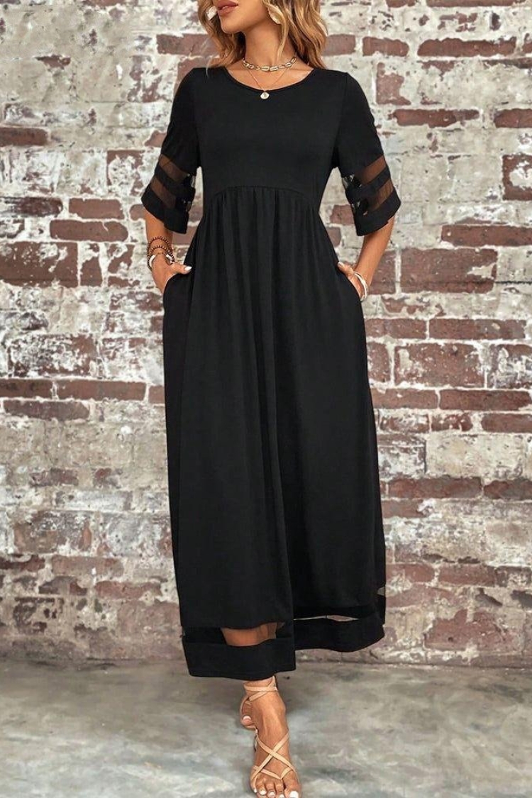 Women's Short Sleeve Crew Neck Tulle Detailed Janjan Crepe Maxi Dress - Black - Janes - Globality Store - Women Clothes Wholesale Turkey