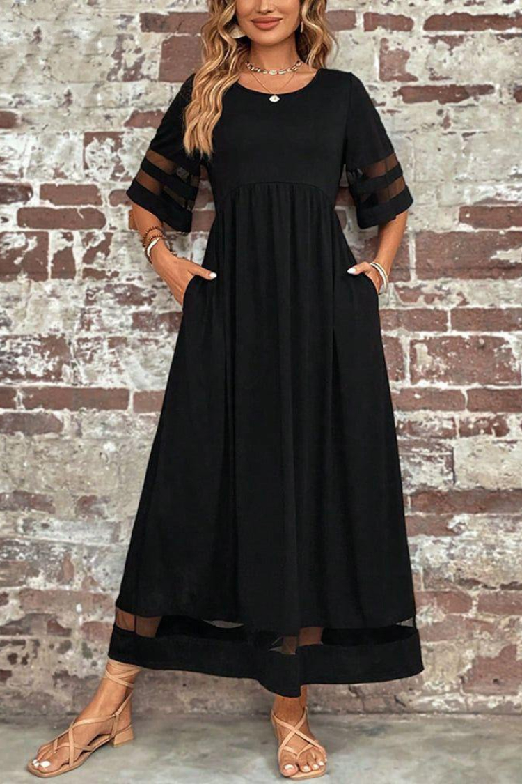 Women's Short Sleeve Crew Neck Tulle Detailed Janjan Crepe Maxi Dress - Black
