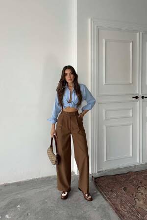 Coffee Polyviscose Double Button Palazzo Pants - Radica Fashion - Globality Store - Women Clothes Wholesale Turkey