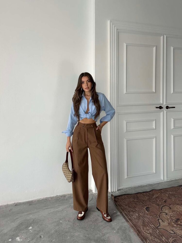 Coffee Polyviscose Double Button Palazzo Pants