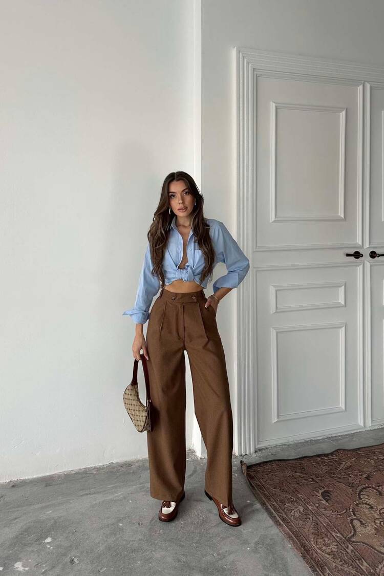 Coffee Polyviscose Double Button Palazzo Pants