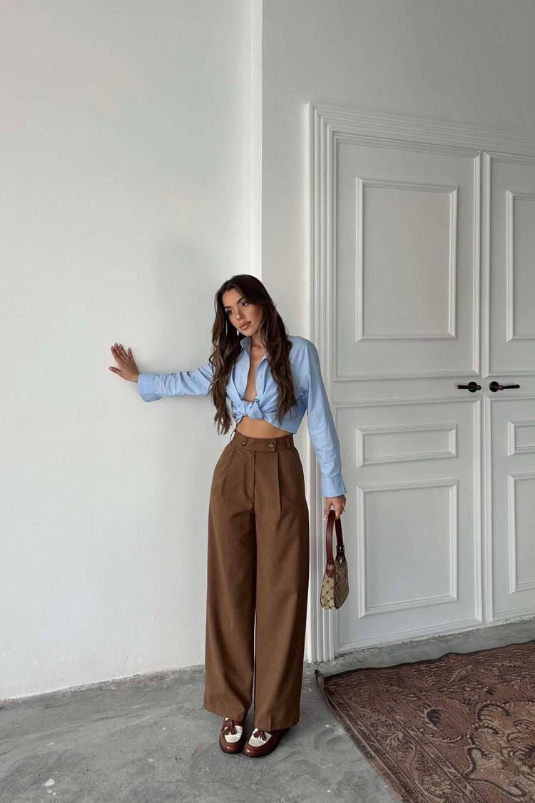Coffee Polyviscose Double Button Palazzo Pants - Radica Fashion - Globality Store - Women Clothes Wholesale Turkey