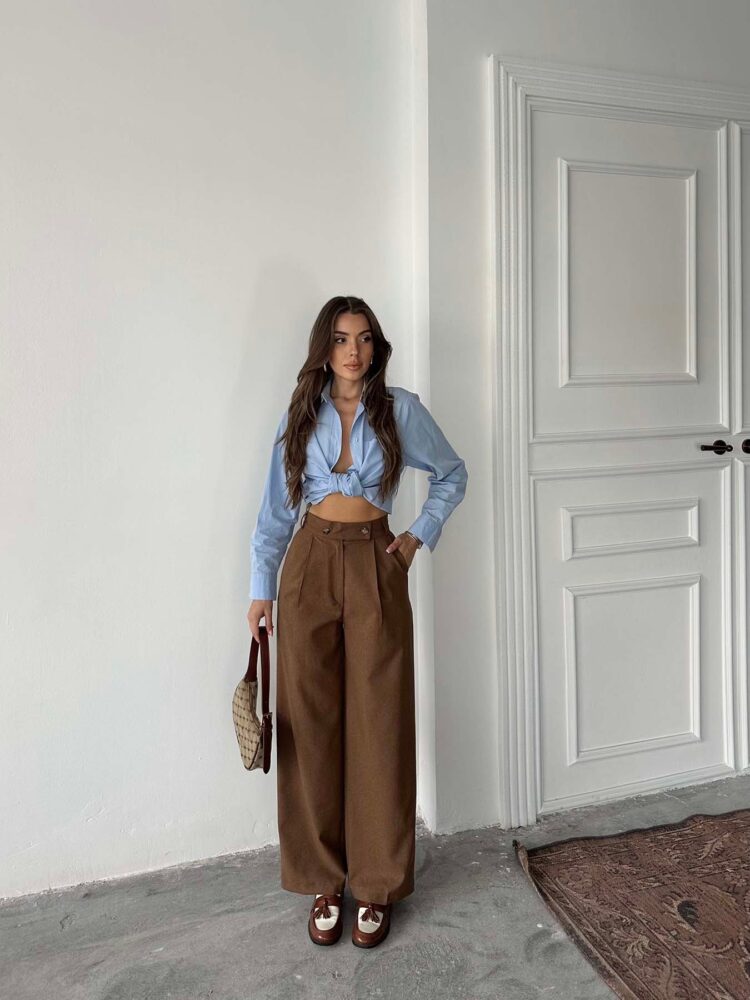 Coffee Polyviscose Double Button Palazzo Pants