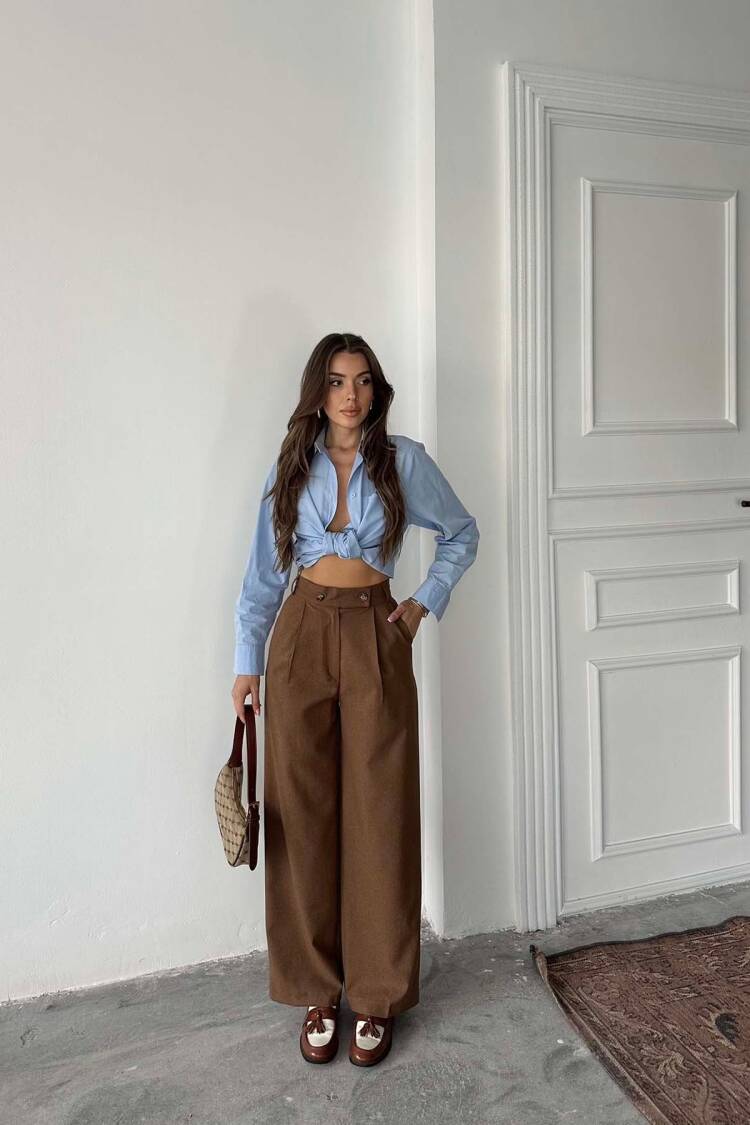 Coffee Polyviscose Double Button Palazzo Pants