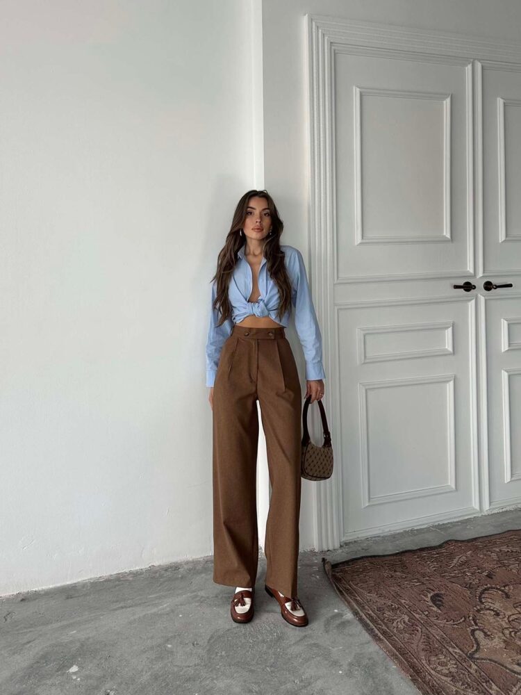 Coffee Polyviscose Double Button Palazzo Pants
