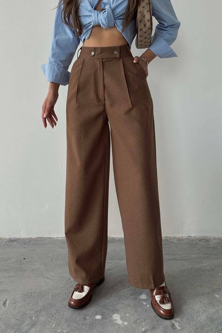 Coffee Polyviscose Double Button Palazzo Pants