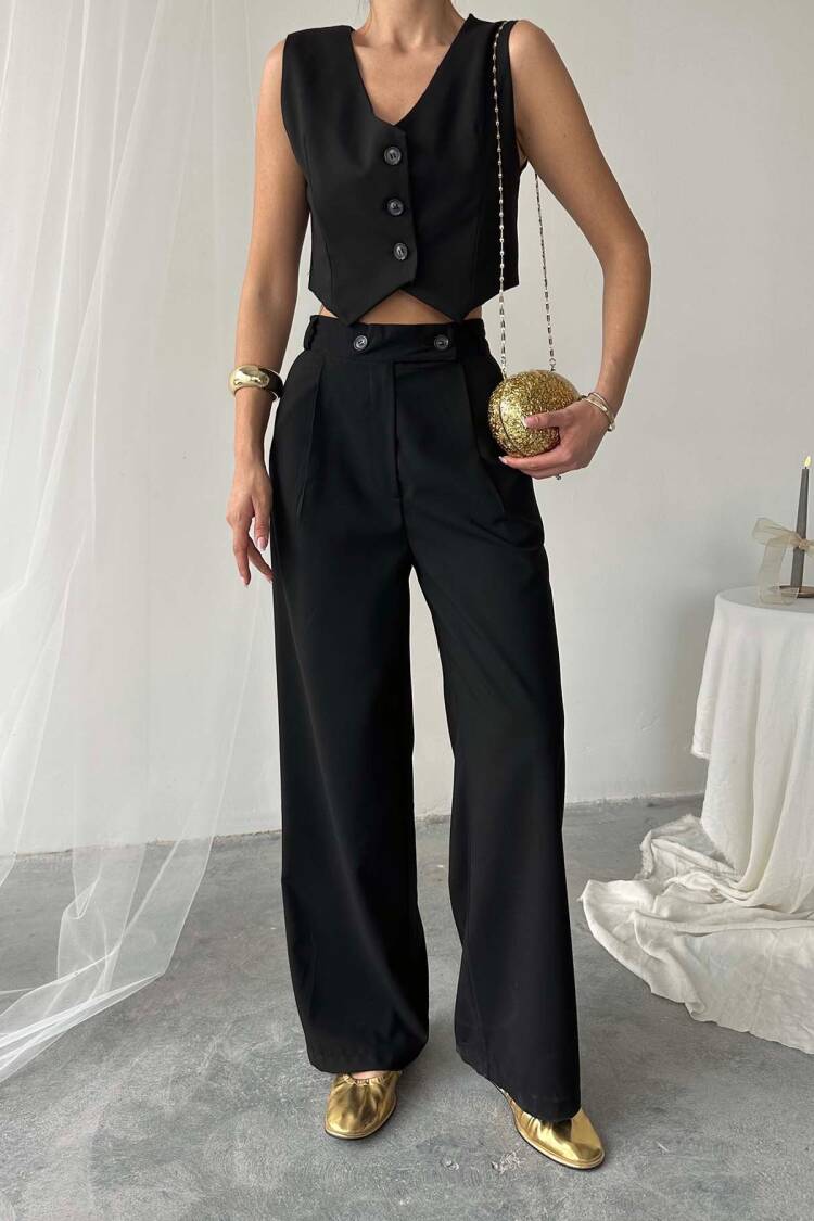 Polyviscose Double Button Palazzo Pants