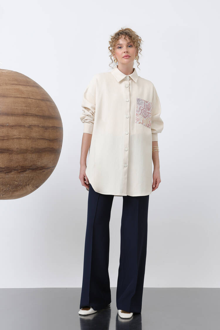 Front Garni Pocket Detailed Back Embroidered Tunic - Beige - Puane - Globality Store - Women Clothes Wholesale Turkey