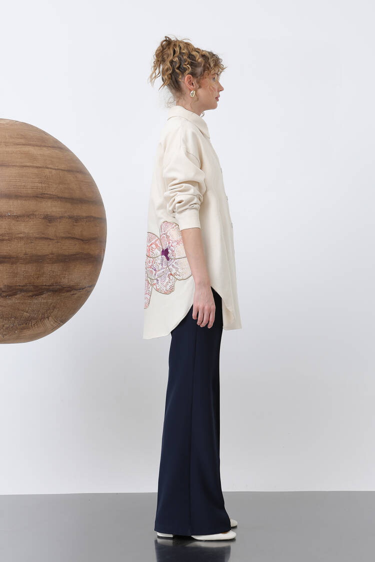 Front Garni Pocket Detailed Back Embroidered Tunic - Beige